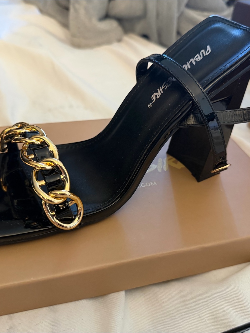 Public Desire Black Patent Heel Sandal with Gold Chain